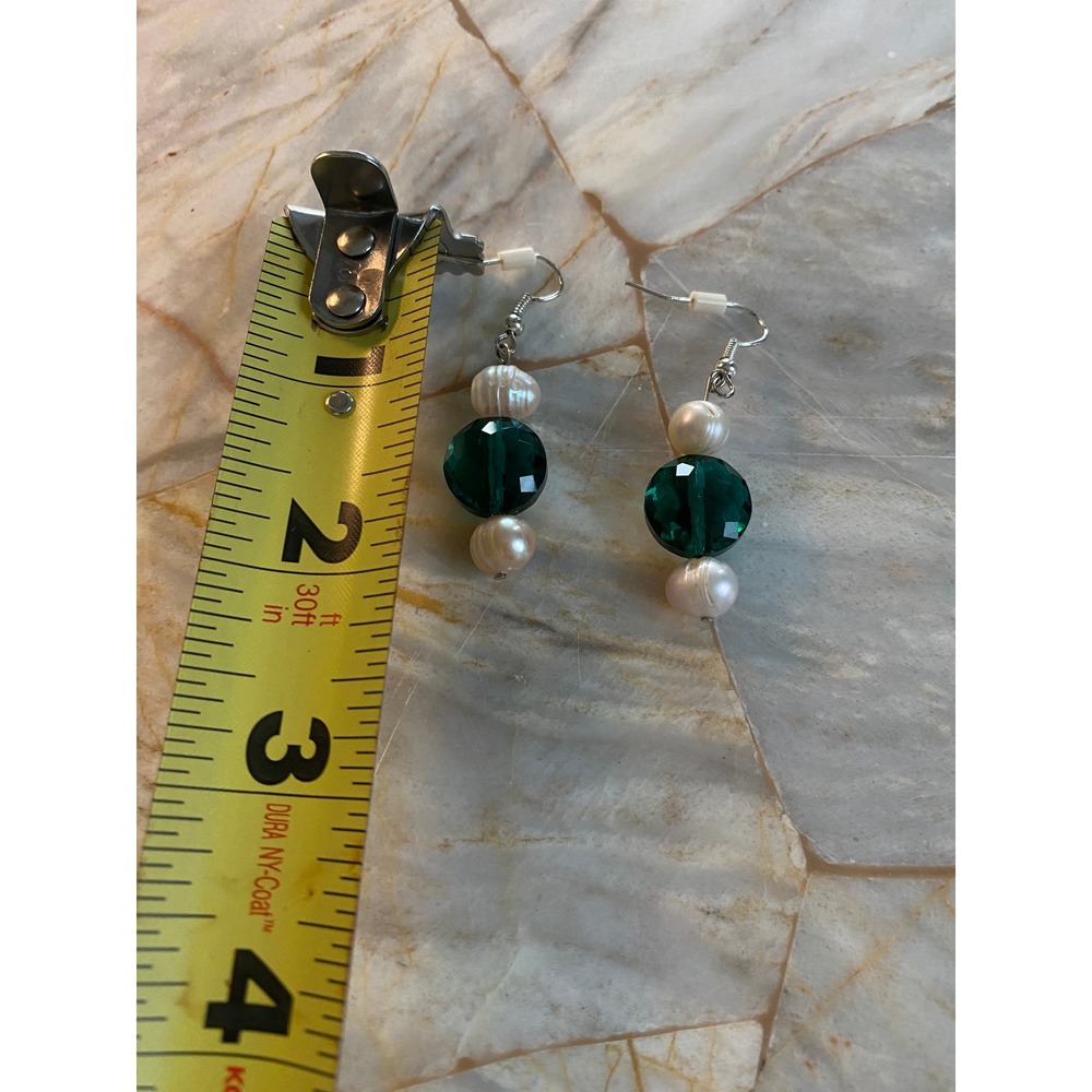 Green Glass & faux Pearl Drop Earrings Silver Tone Handmade Dangle 1.75" - Picture 7 of 7